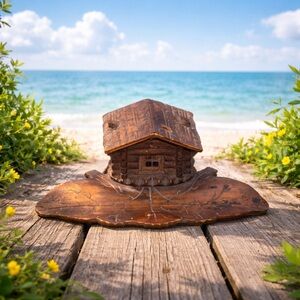 BLACK FOREST ? CARVED WOOD INKWELL HOUSE CABIN PEN REST VINTAGE FOLK ART